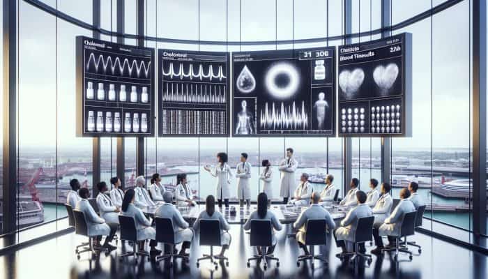 Diverse medical experts in white coats discuss cholesterol tests in a modern Portsmouth clinic with graphs and harbor skyline.