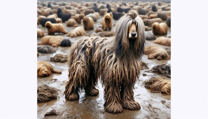 Mat Removal Techniques for Dogs: Afghan Hound with matted fur in a humid, muddy environment, showing effects of poor grooming.