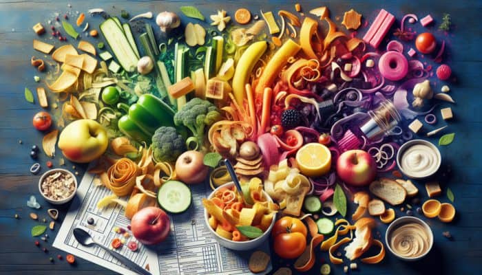 Vibrant kitchen scene featuring food scraps turned into appetising upcycled dishes.