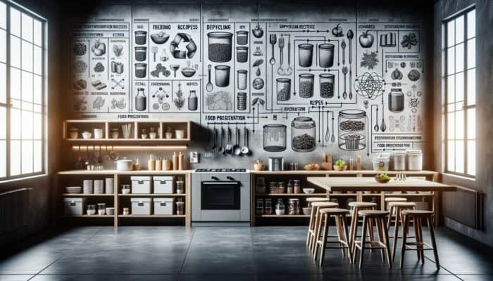 Kitchen scene showcasing food scrap storage, upcycling recipes, and preservation techniques like freezing, dehydrating, fermenting.