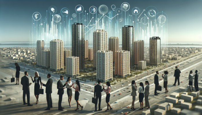 A city skyline with mid-level apartments, real estate agents, and economic graphs.