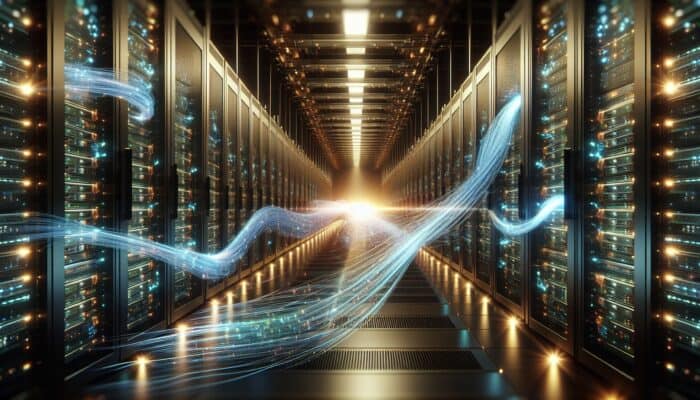 Glowing threads weave through a futuristic server farm, showing rising performance graphs for improved speed and efficiency.