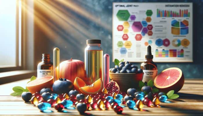 Vibrant still life of omega-3 capsules, glucosamine tablets, vitamin D drops, antioxidant fruits, and magnesium crystals on a sunlit wooden surface.