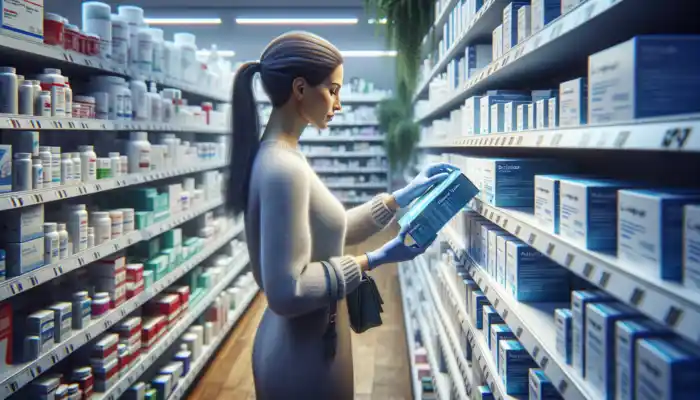 A shopper in a Fareham pharmacy examines blue nitrile gloves, checking CE marks and prices amid medical supplies.